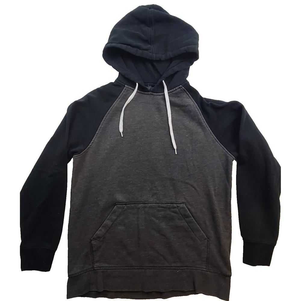 Zine Hoodie Mens Medium Black Charcoal Gray Raglan Pullover Fleece Sweatshirt